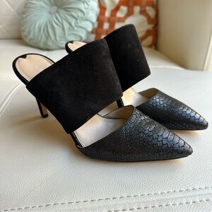 Via Spiga black mule heels size 37 7 embossed snake leather suede